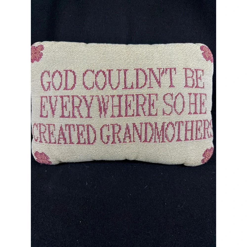 Vintage Needlepoint Grandmother Sentiment Decorative Pillow Cream Burgundy 11x7